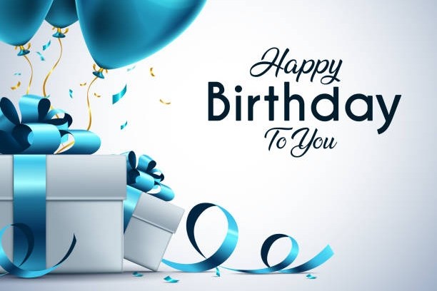 Blue balloons and gift boxes with ribbons, text 'Happy Birthday To You'.