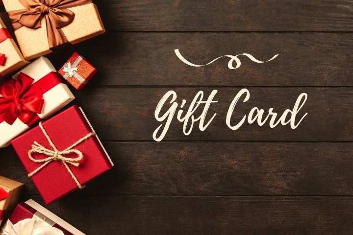 Gift boxes with bows on left, 'Gift Card' text on wood background.