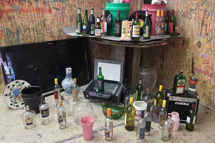 Room with graffiti-covered walls, bottles, and a treadmill cluttered with various items.
